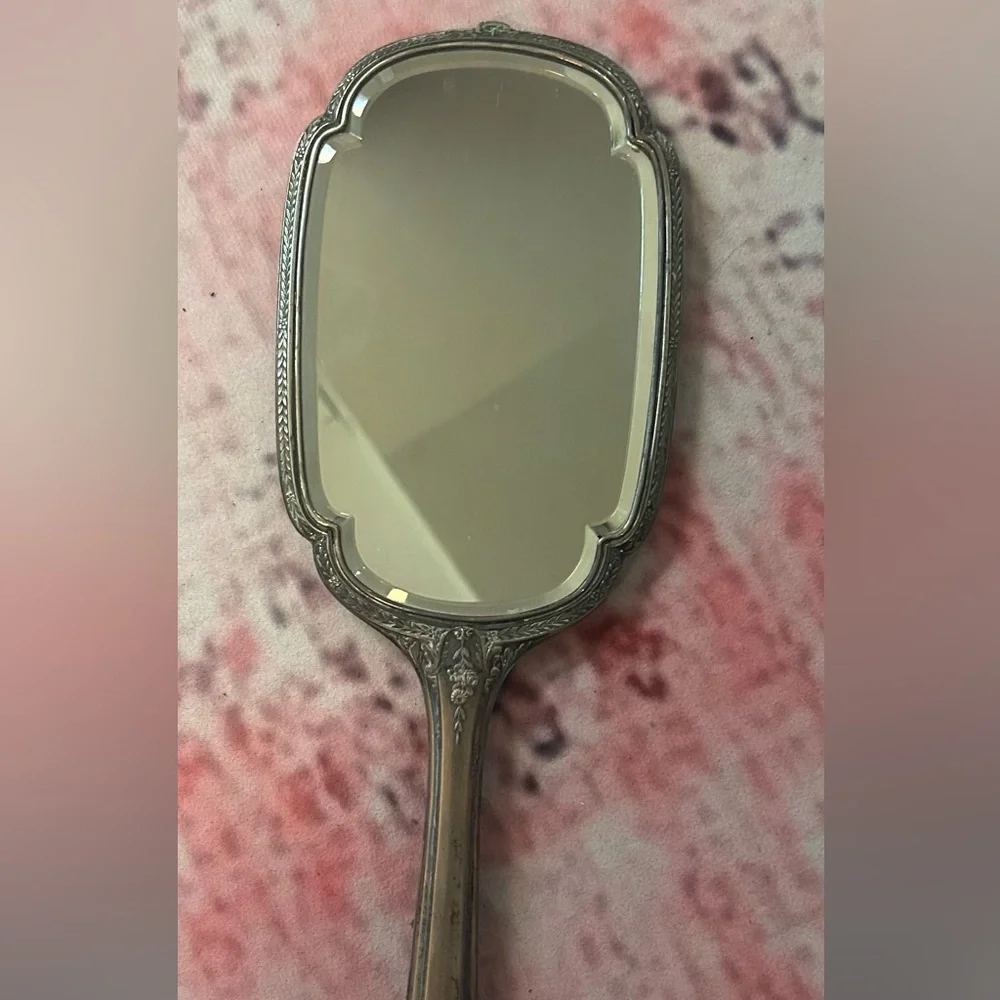 GORGEOUS ANTIQUE HANDHELD BEVELED MIRROR MACHINE CHASED